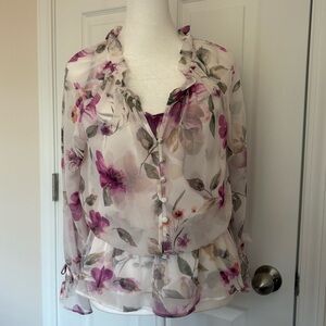 White House Black Market Floral Chiffon Blouse - Pink and Cream